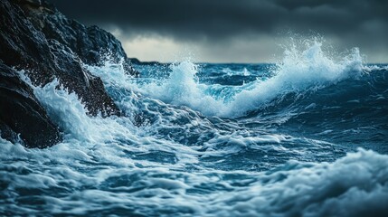 Majestic ocean waves crashing against rocky shoreline under moody skies with dark clouds and turbulent waters