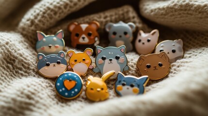 Cute Collection of Animal Enamel Pins on Soft Knit Fabric Background with Warm Tones and Unique Designs