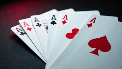 Playing cards arranged in a row, showing four aces , vintage, gamble