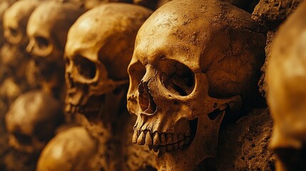 A sepia-toned, historically dark view of a wall densely packed with the skulls and bones of ancient humans