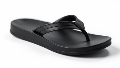 Single black flip-flop on white background, close-up view, summer, sole
