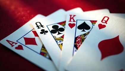 Playing cards arranged in a royal flush sequence , gambling, high-stakes, background