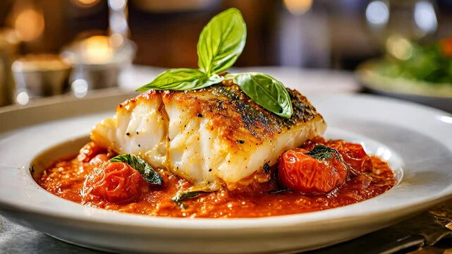 Grilled cod fillet featuring roasted cherry tomatoes, fresh basil garnish nestled on tomato sauce.