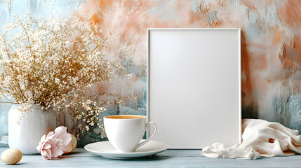 Elegant Still Life With Coffee Cup, Blank Frame, and Floral Arrangement