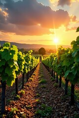 Naklejka premium Stunning vibrant vineyard landscape during golden hour with lush vines, warm sky, sunset, harvest, nature, colors, landscape