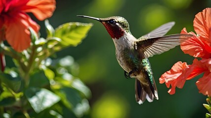 Naklejka premium A hummingbird hovering near a bright red hibiscus flower, sipping nectar, with iridescent green feathers shimmering in the sunlight, macro photography