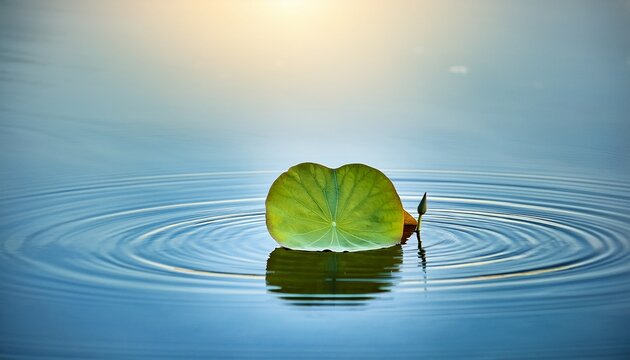 :A single lotus leaf resting on a serene water surface, with soft ripples and reflections creating a tranquil vibe.