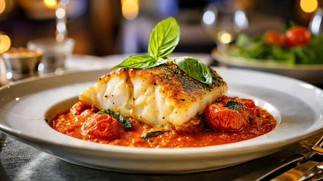 Grilled cod fillet featuring roasted cherry tomatoes, fresh basil garnish nestled on tomato sauce.