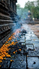 Elaborate Temple Decorations for Maha Shivratri With Marigold Flowers and Incense Smoke