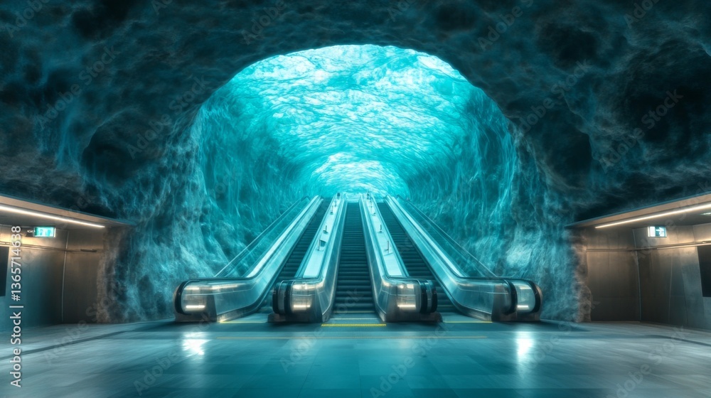 Poster remarkable transportation infrastructure showcases escalators leading into a stunning underwater the