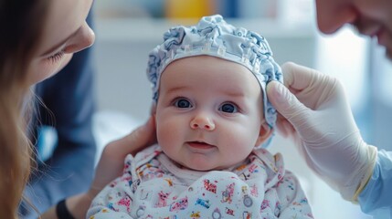 EEG test for a baby with supportive medical staff. 