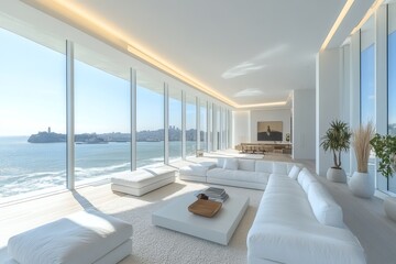 Naklejka premium A modern, sunlit living room with stunning panoramic ocean views