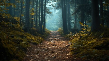 Fototapeta premium Serene Forest Pathway Surrounded by Tall Trees and Soft Mist in a Beautiful Natural Landscape