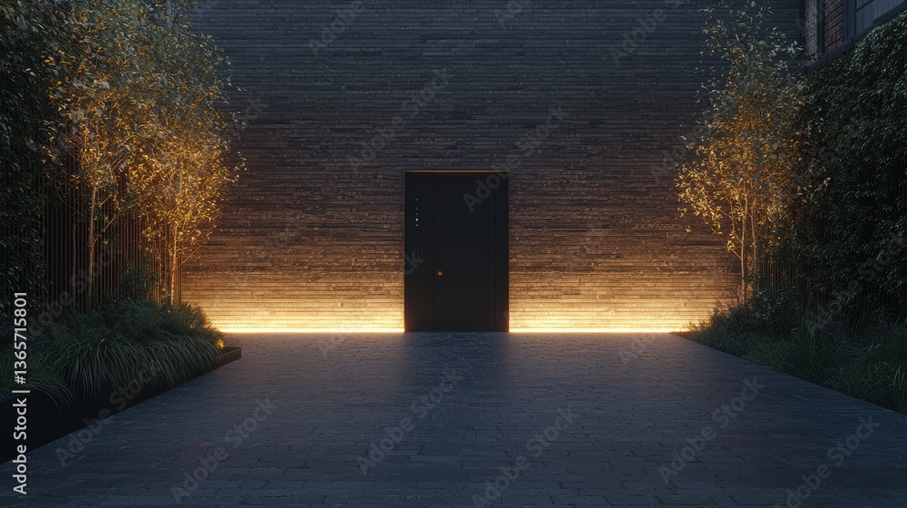 Poster golden hour illumination on horizontal surface with decorative trees and doorway in urban setting