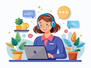 Remote Work Communication Vector with Headset and Tablet