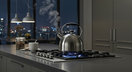 Modern kitchen with a steaming kettle on a gas stove during night time in an urban setting