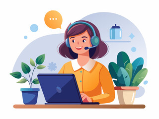 Remote Work Communication Vector with Headset and Tablet
