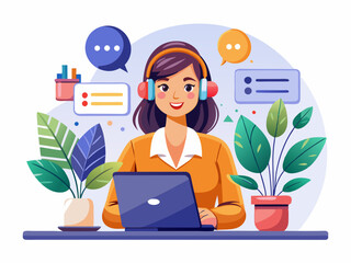 Remote Work Communication Vector with Headset and Tablet