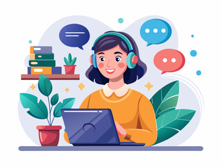 Remote Work Communication Vector with Headset and Tablet