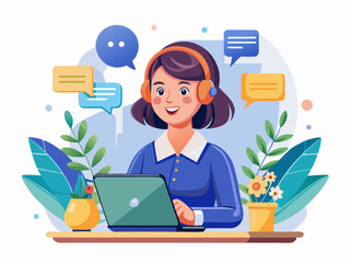 Remote Work Communication Vector with Headset and Tablet