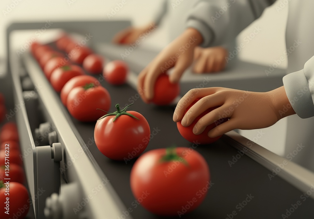 Poster workers sorting fresh tomatoes on a conveyor belt in a processing facility