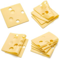 Swiss Cheese Slices with Holes, Folded and Stacked on White Background
