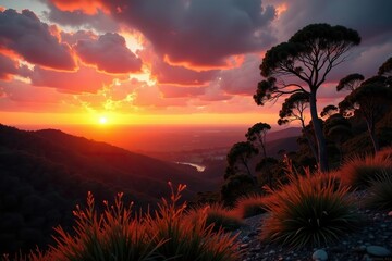 Spectacular sunset casting warm hues over Australian coastal bushland with silhouettes of eucalyptus trees and native flora,  silhouette,  coastal