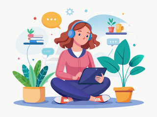 Remote Work Communication Vector with Headset and Tablet