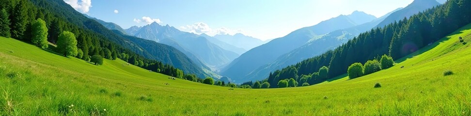 Fototapeta premium Spectacular view of alpine green meadow in Svaneti mountain valley on warm summer day, picturesque, remote