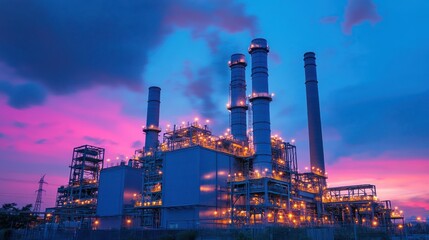 Obraz premium A large industrial power plant illuminated against a colorful evening sky
