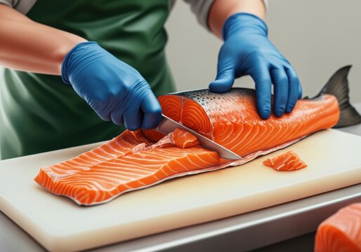 Chef skillfully filleting fresh salmon with a sharp knife
