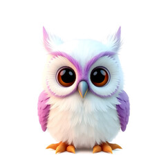 Fototapeta premium Owl – 3D baby owl, big round eyes, tiny beak, soft fluffy feathers, pastel white and purple tones, white background. Generative AI