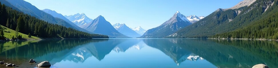 Spectacular view of glassy Bowman Lake reflecting surrounding mountains under clear blue sky,  tranquil,  landscape