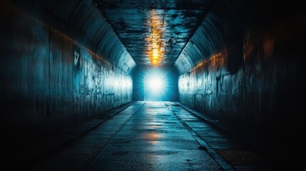 Dark Tunnel with Bright Light at the End, Wet Floor and Mysterious Atmosphere, Evoking Tension and Hope