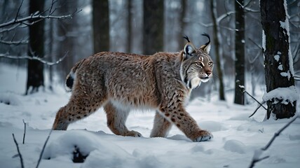 Fototapeta premium A powerful lynx stalking through a snow-covered forest, its thick fur blending with the wintry surroundings. Sharp focus on the lynx, cinematic lighting, cold color palette