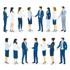 Professional people engaging in various business interactions, including handshakes and discussions, on a white isolated background.