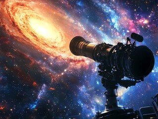 A telescope capturing a distant galaxy.