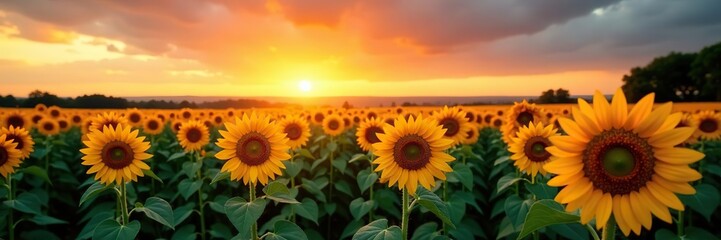 Sunflowers field under a stunning sunset, showcasing panoramic views,  rural,  horizon