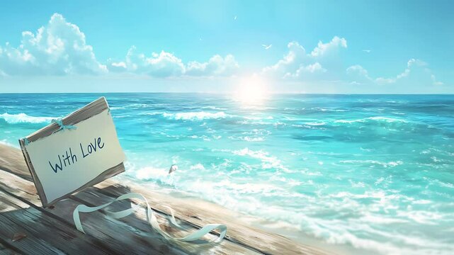 Message in envelope on wooden dock by bright tropical ocean. Seamless looping 4K video background
