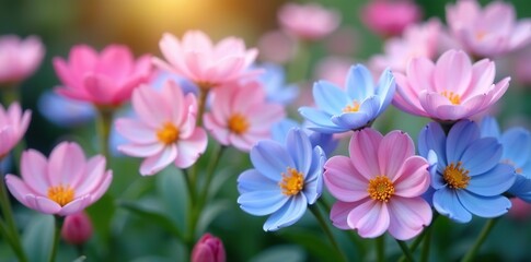 Soft pastel flowers in hues of pink, purple, and blue, blooming in a garden,  petals,  feminine