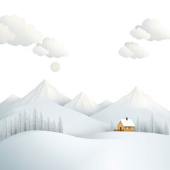 Serene winter landscape featuring snow-covered mountains, a cozy cabin, and fluffy clouds in a clear blue sky, perfect for a peaceful retreat or seasonal decoration.