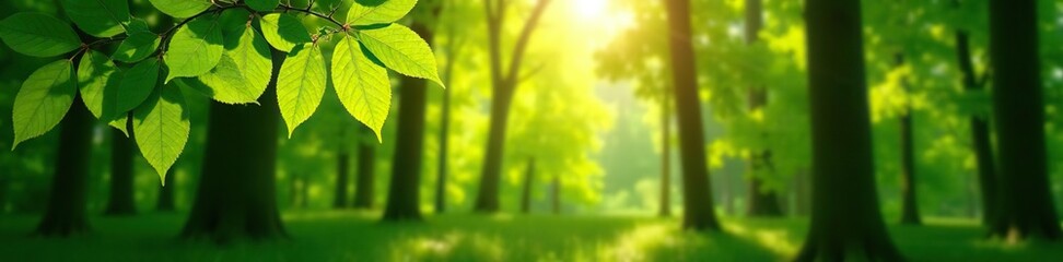Sunlight filtering through fresh green leaves in a dense forest in springtime,  vibrant,  tranquility