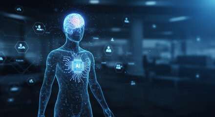 A futuristic human seamlessly integrated with AI, a glowing network connecting mind and body, in a modern office setting with cool blue tones.