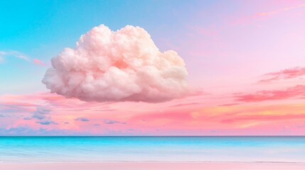 Soft Pink Cloud Above Tranquil Ocean at Sunset in Vibrant Blue and Pink Sky