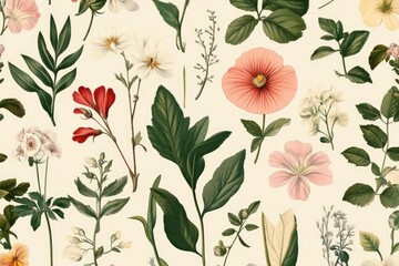 Seamless pattern background featuring a collection of vintage botanical illustrations with flowers and leaves in muted colors. MZ 