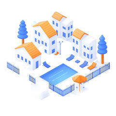 Stylish modern villas with a swimming pool, surrounded by trees and lounge chairs, isolated on a white background.