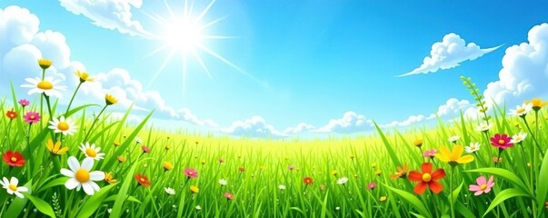 Obraz premium Sunny meadow with lush green grass and colorful flowers under clear blue sky, spring, summer