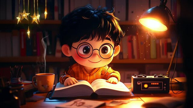 Cute cartoon boy studying under warm lamp light in a cozy library. Seamless looping 4K video background
