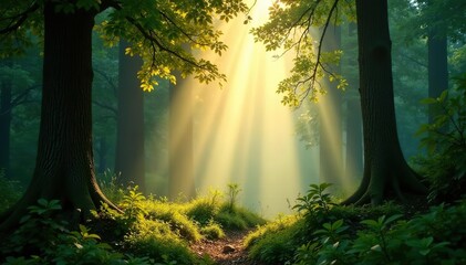 Obraz premium Sun rays shining through the lush forest, creating a breathtaking panoramic view, scenic, panoramic