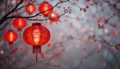 Festive lanterns illuminating cherry blossom night outdoor photography tranquil aesthetic